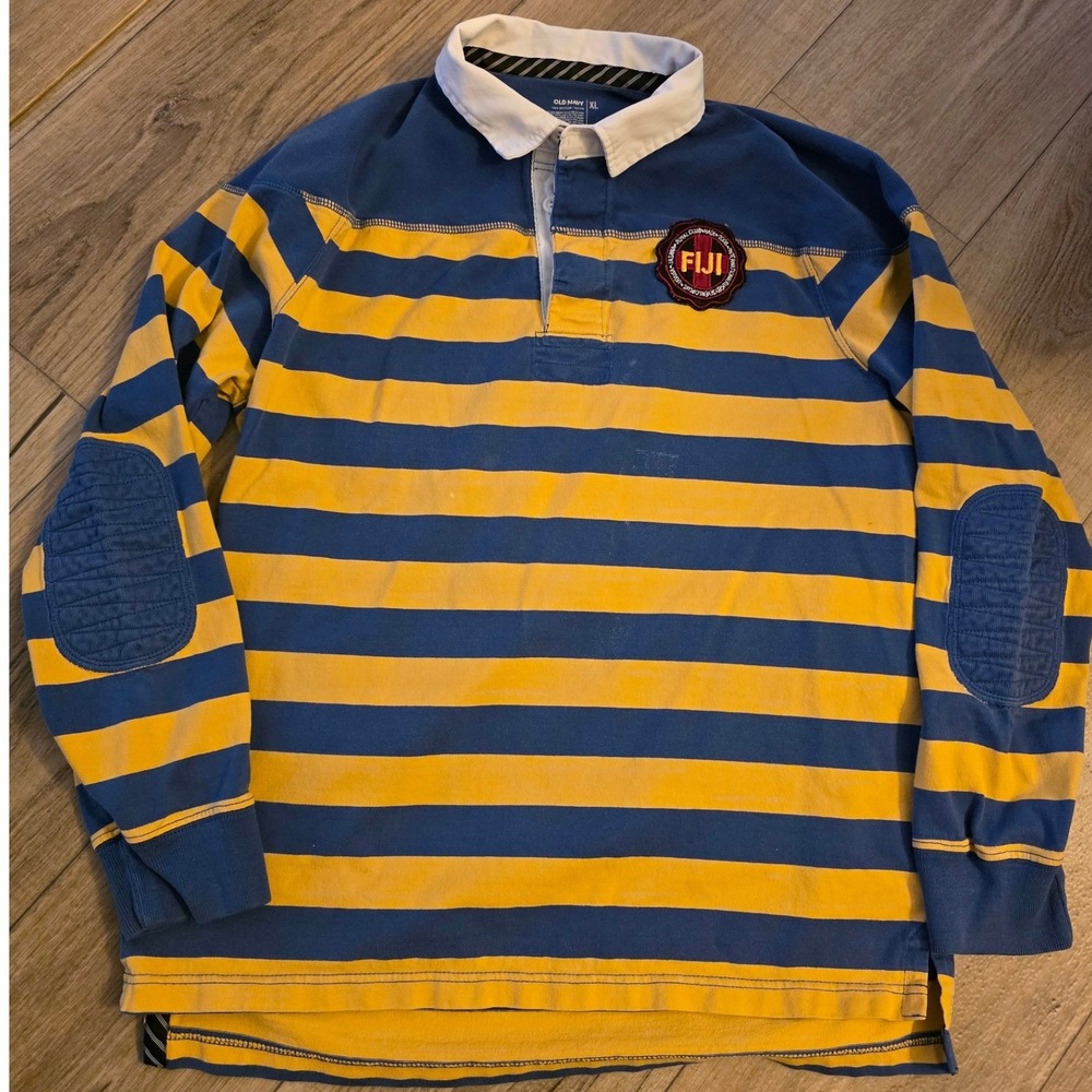 Old Navy Men XL Blue Yellow FIJI Striped Rugby Shirt Elbow Patches Y2K Vtg Style